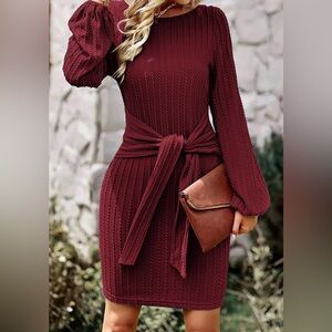 HOTOUCH Woman’s Medium Ribbed Knit Body Con Balloon Sleeve Midi Burgundy Dress